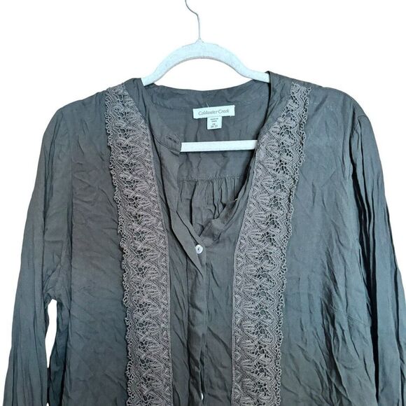 Coldwater Creek Top Womens 2X 20 22 Green Crochet Trim Button Up V Neck Blouse - Picture 2 of 6